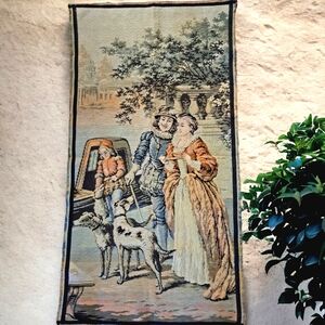 Vintage Tapestry 4' x 2' Wall Art  Elizabethan Couple Renaissance Romantic Decor
